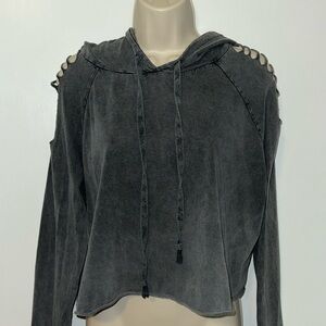 Don’t Ask Why Vintage Wash Cropped Hoodie W Cutout Sleeve Gray Women’s OS